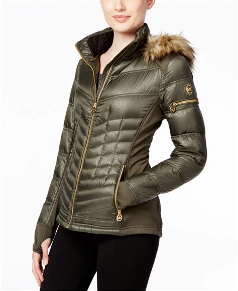 michael michael kors faux fur trim mixed media puffer coat|Michael Kors puffer coats women's.